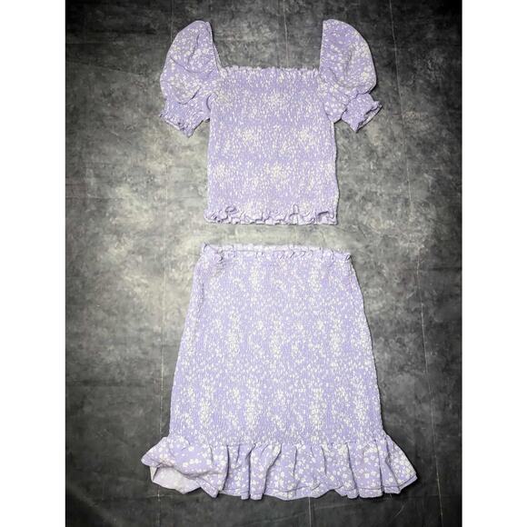 Revamped Purple Ditsy Floral Cropped Top Smocked Skirt Outfit Size S Spring - Picture 1 of 12